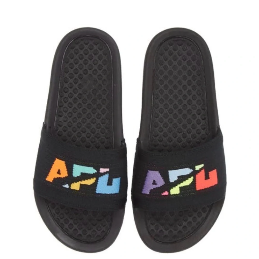 APL TechLoom Knit Sport Slides Black Multicolor Big Logo comfy Sandals NIB 6 - Picture 2 of 11